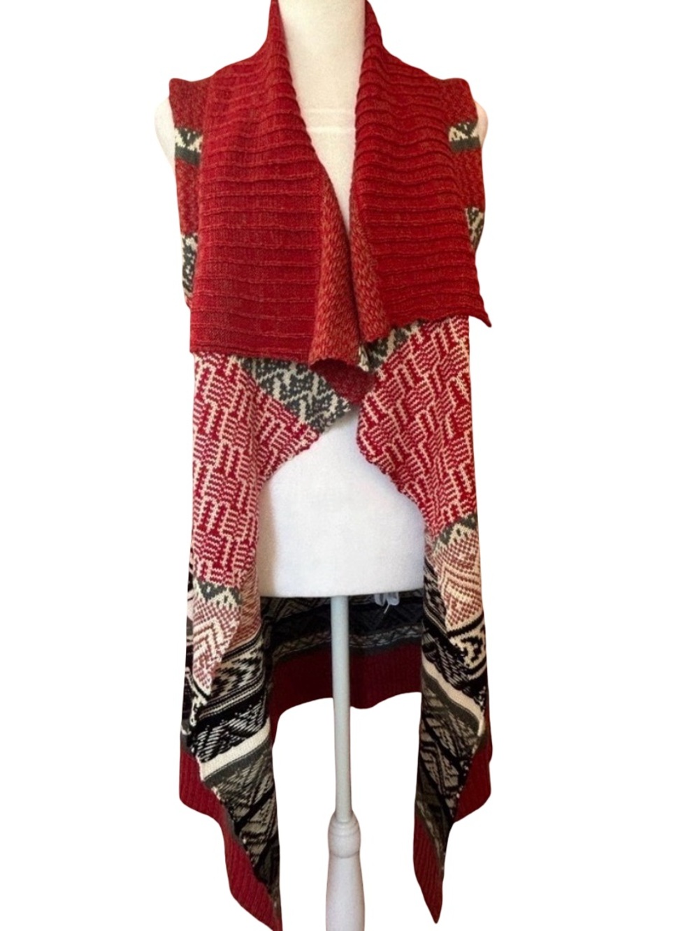 GH Bass Cardigan sweater vest Red Aztec Southwestern Open Front Long duster S - Picture 4 of 9